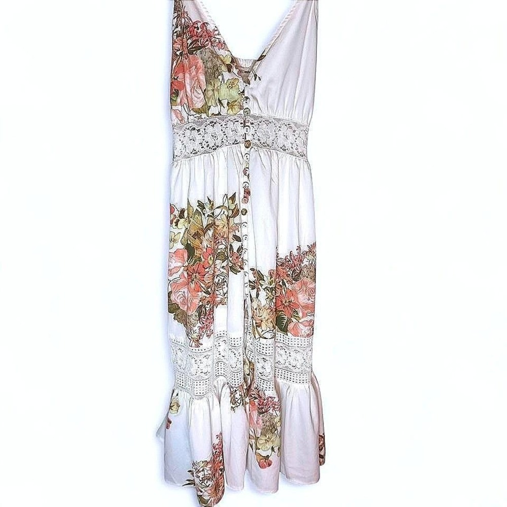 Morning Mist Floral Lace Midi Dress White Pink Boho Button Front Smocked Size 6